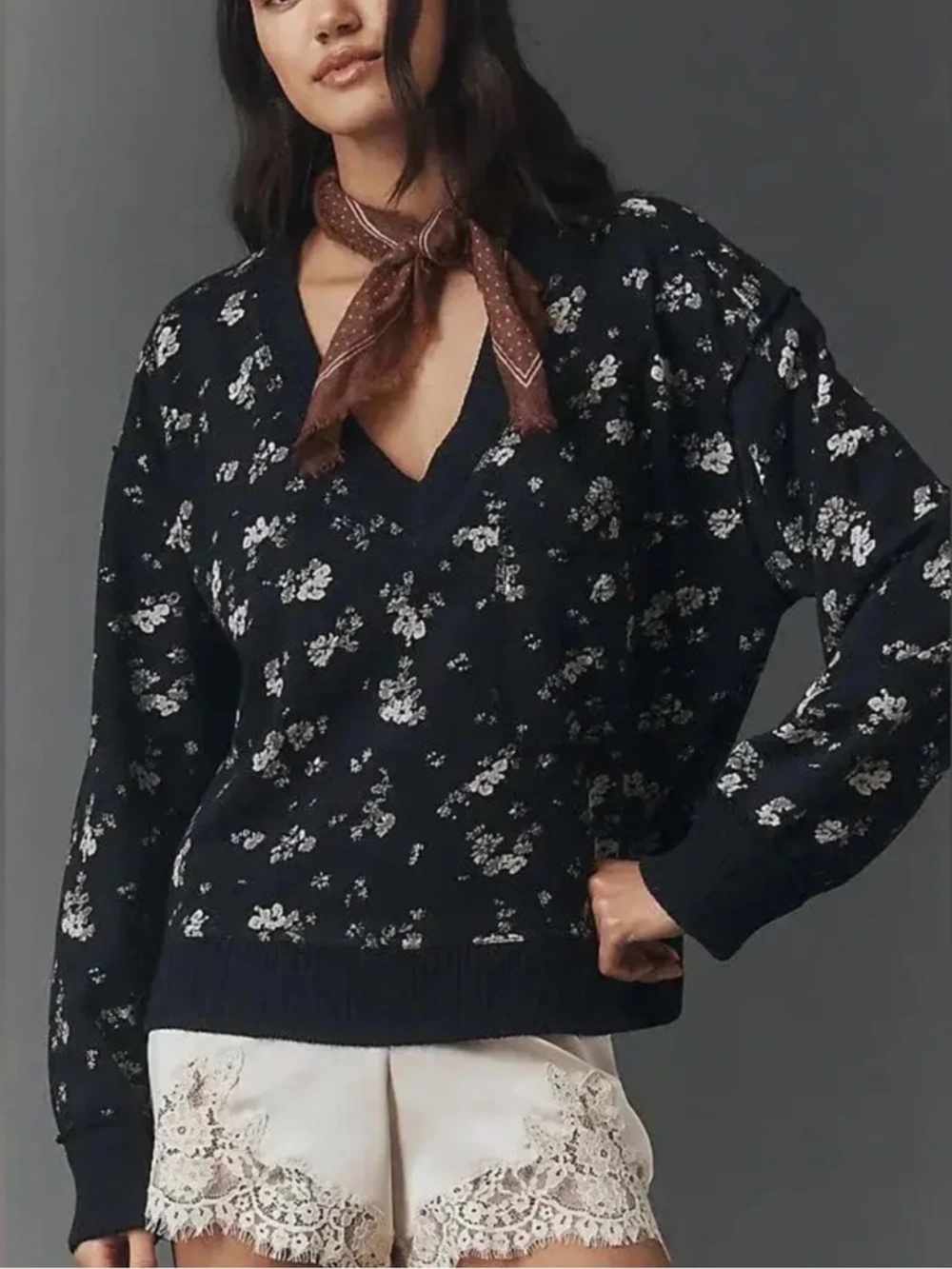 Anthropologie Pilcro Montana Pocket Knit Top in Dark Grey Floral Motif nwt S